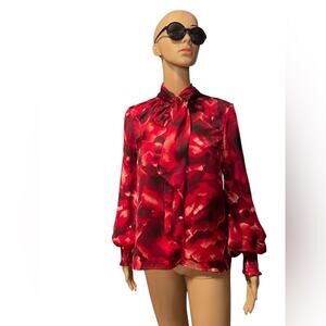 Eva Longoria red silky mod long sleeve button down blouse size XS
